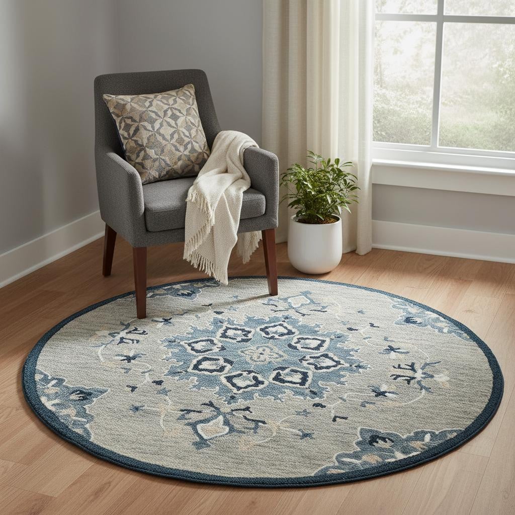 674462 3 ft. Blue & Gray Wool Medallion Hand Tufted Round Rug