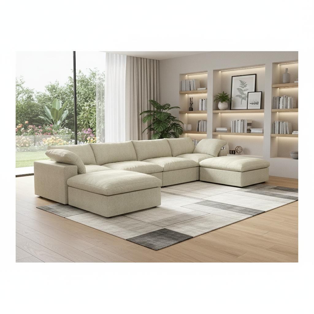 716925 Khaki Linen Blend Modular U Shaped Sofa & Chaise Sectional, 6 Piece