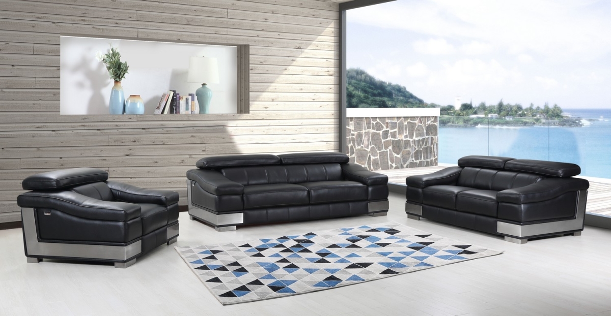 Modern Leather Sofa Set, Black - 117 in.