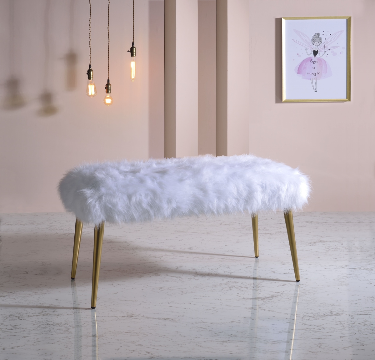18 x 38 x 20 in. White Faux Fur Gold Metal Upholstered Seat Bench