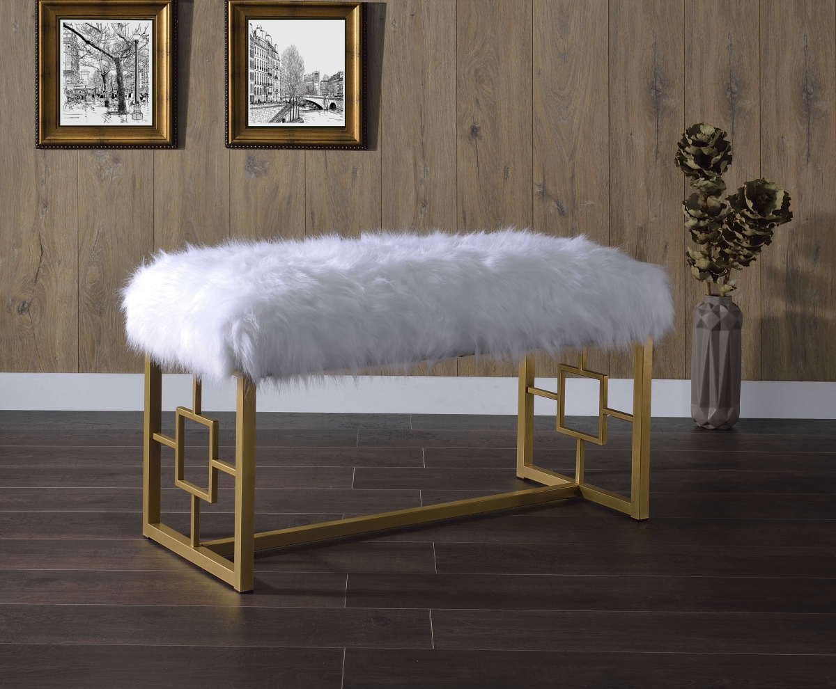 18 x 38 x 21 in. White Faux Fur Gold Metal Upholstered Seat Bench