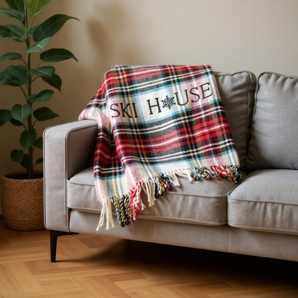 713572 55 x 70 in. Black Red & White Plaid Cotton Blend Ski House Embroidered Throw Blanket with Fringe