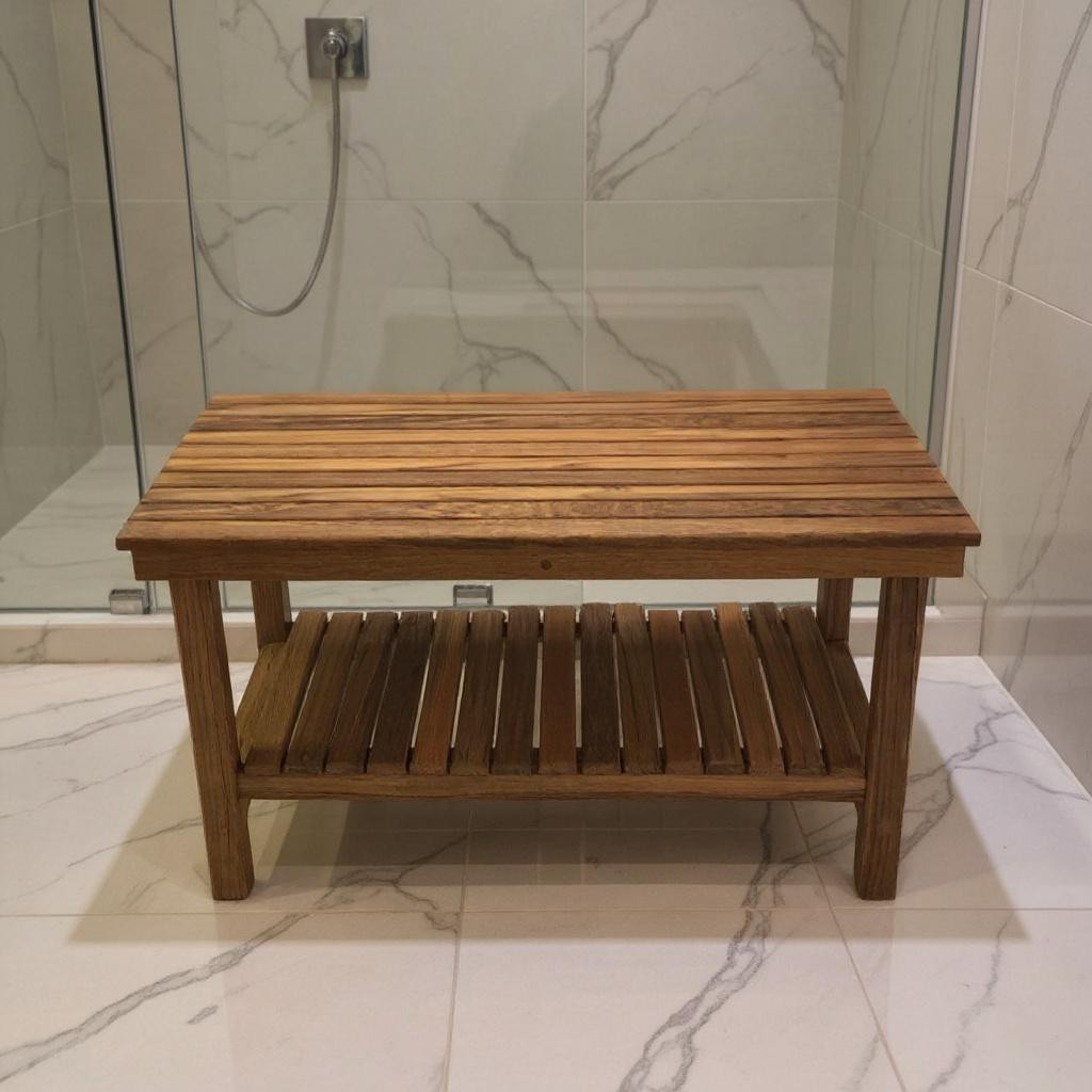 549379 18 x 25 in. Brown Teak Rectangular Shower Bench with Shelf