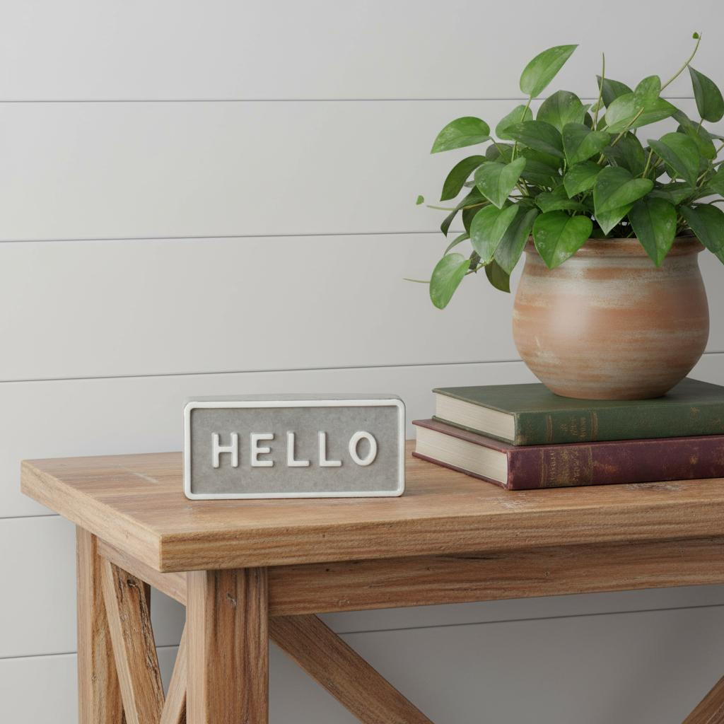 635387 4 in. Gray & White Galvanized Metal Hello Hand Painted Tabletop Sign