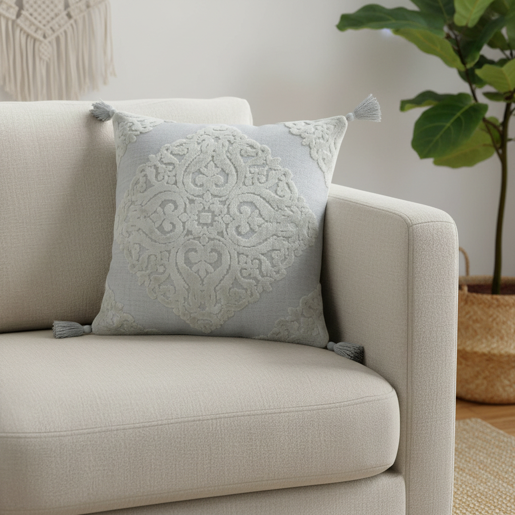 714215 18 in. Silver & Gray Medallion Viscose Throw Pillow Cover with Tassels