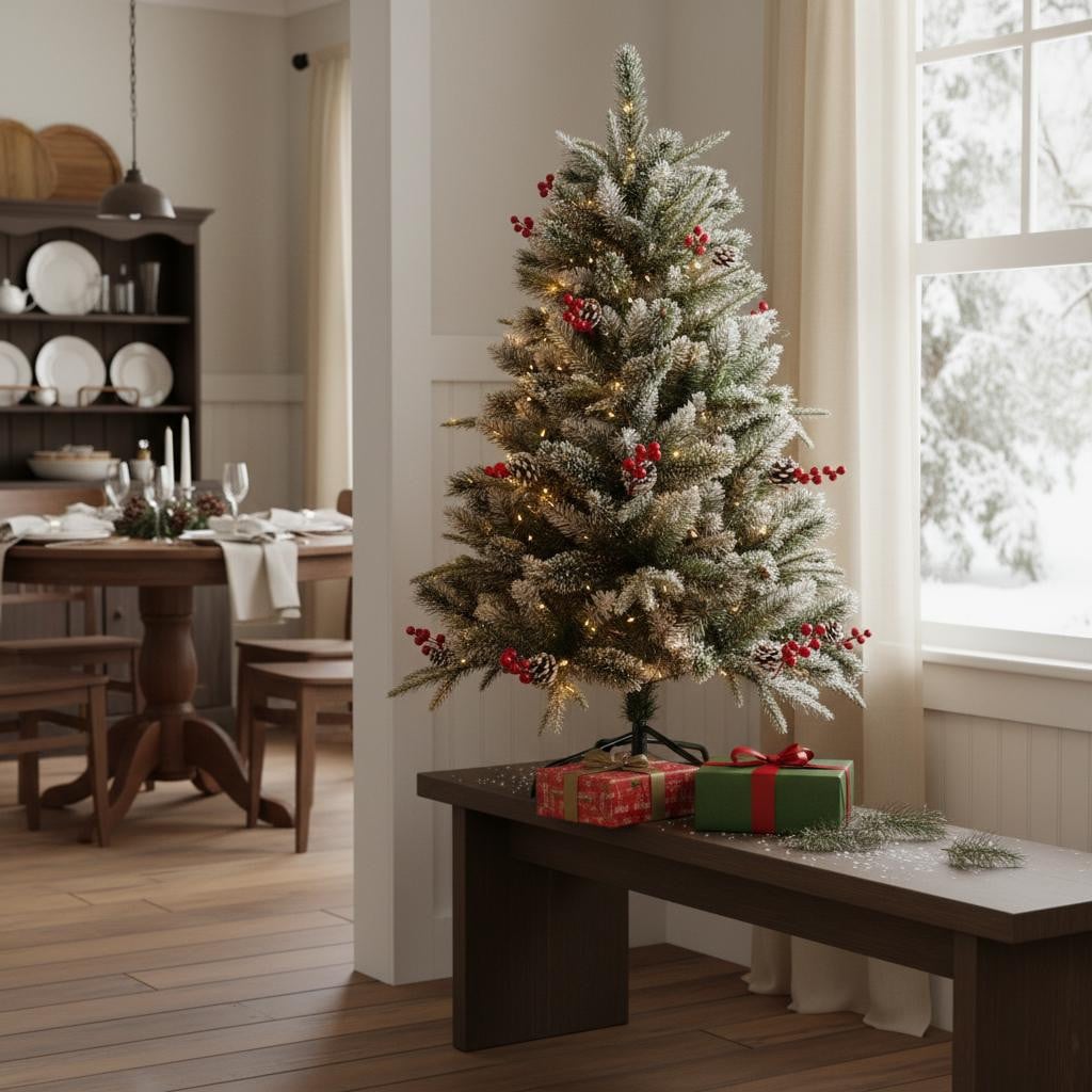 719268 4 ft. Green & White Pre Lit Full Flocked Pine Christmas Tree with Decorations