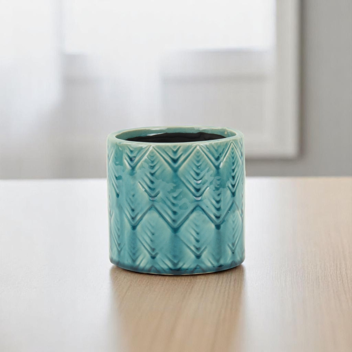 487454 22 oz Turquoise Ceramic Geometric Round Distressed Pot Planter