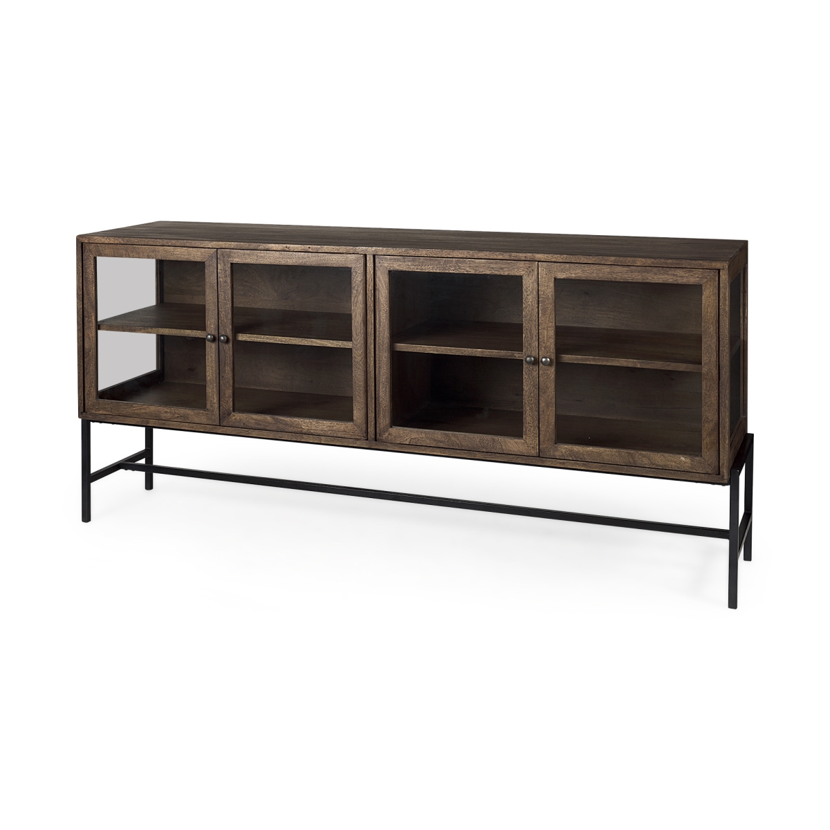 611015 70 in. Black & Brown Solid Wood Sideboard Soft Close with Four Glass Doors