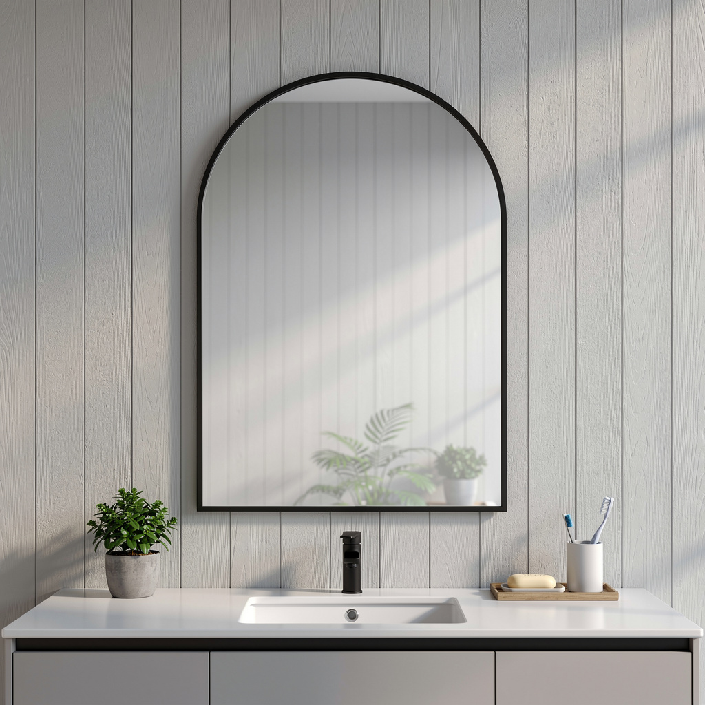 719123 30 in. Black Metal Arch Framed Accent Mirror