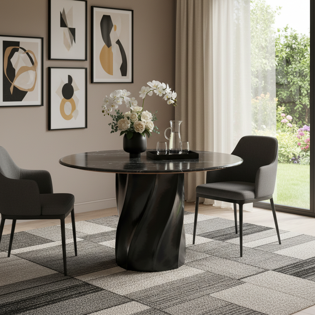 623352 48 in. Black Marble & Wood Pedestal Base Round Top Dining Table