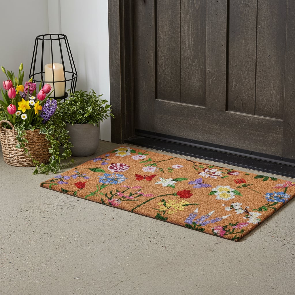 721297 17 x 29 in. Brown White & Green Floral Outdoor Coir Rectangle Door Mat