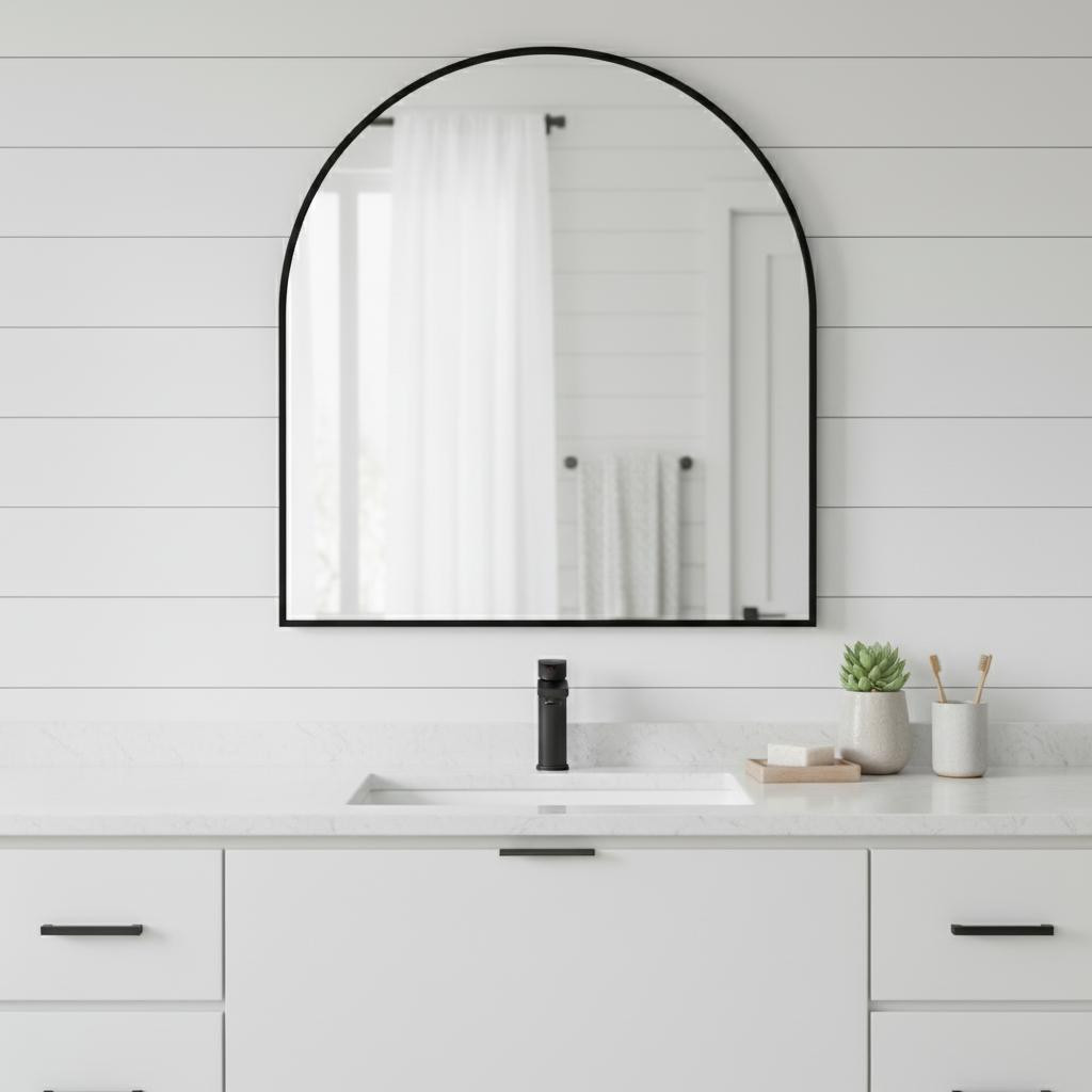 719478 29 in. Black Metal Wide Arch Framed Bathroom Vanity Mirror