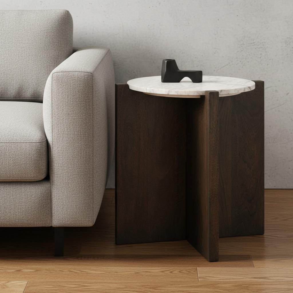 605617 22 in. White & Brown Stone & Wood Tray Table