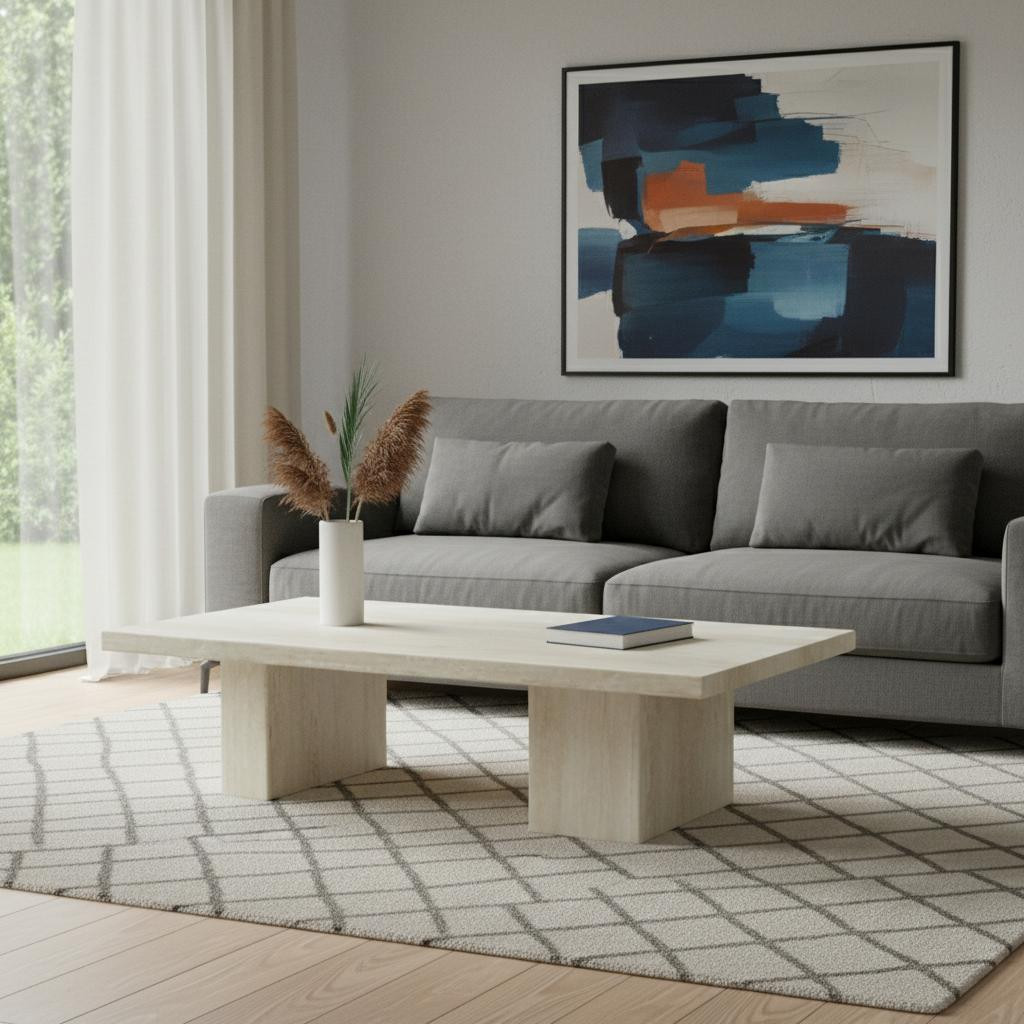 714517 55 in. Beige Marble Double Pedestal Coffee Table