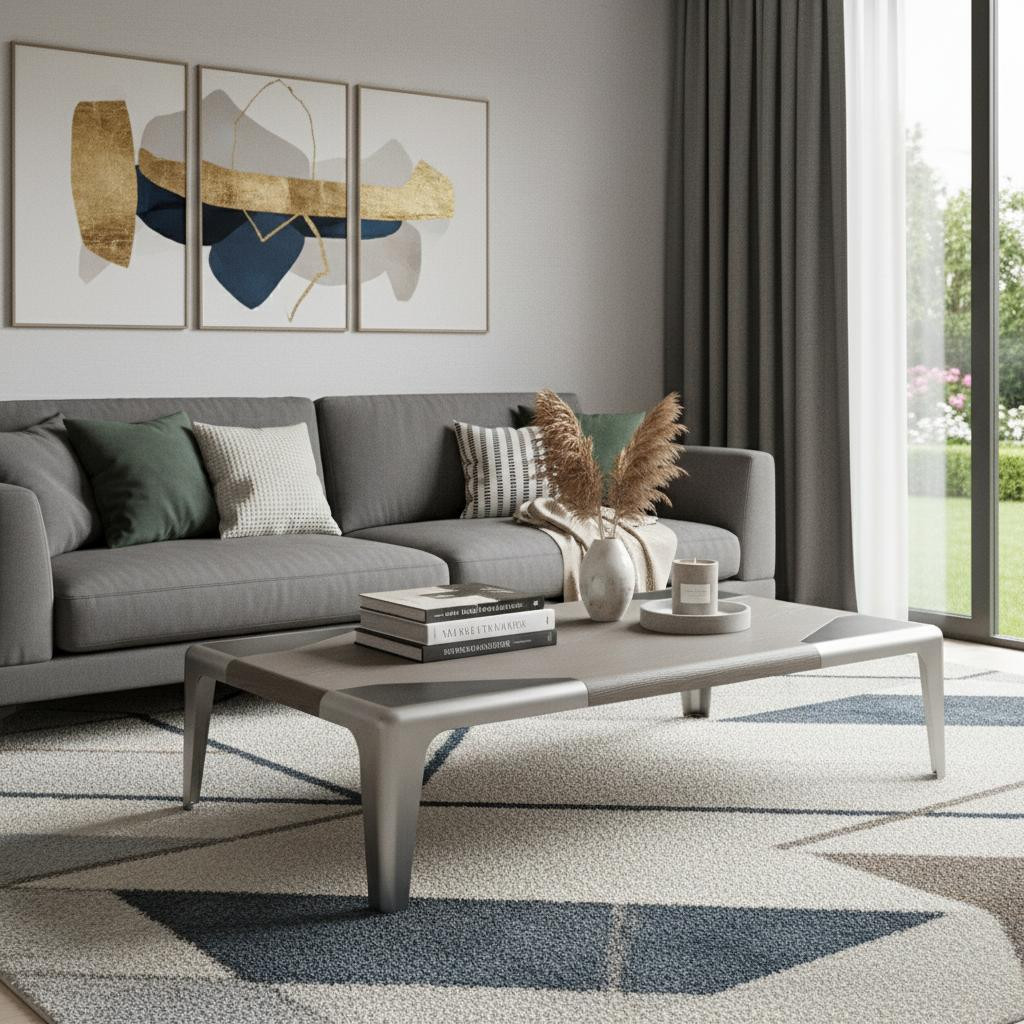 714603 57 in. Light Gray & Silver Wood & Stainless Steel Coffee Table