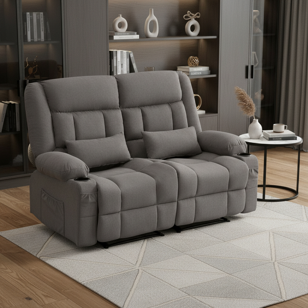 721197 47 in. Gray Microfiber Manual Reclining Loveseat with Storage & Toss Pillows