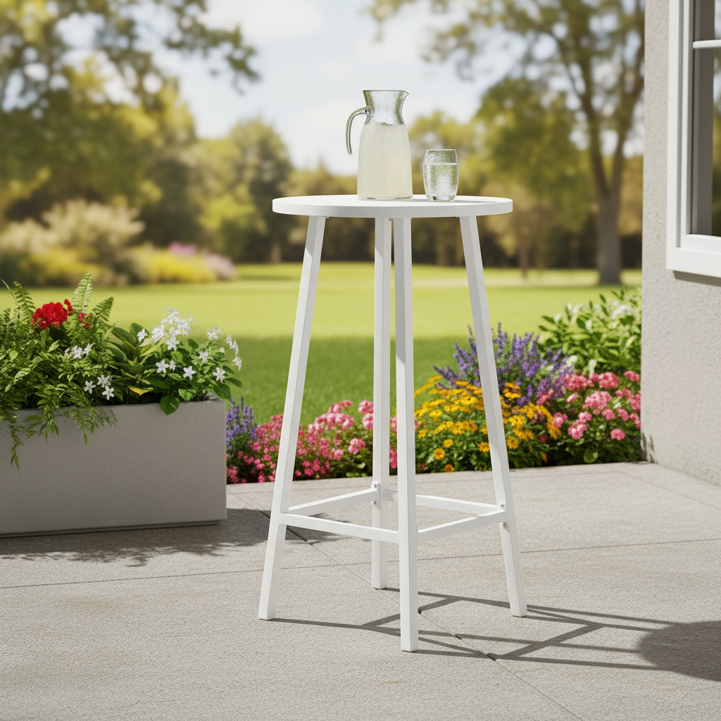 668841 24 in. White Aluminum Slat Rounded Outdoor Bar Table