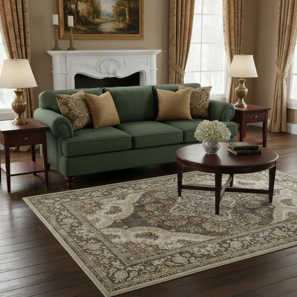 700111 5 x 7 ft. Brown Beige & Ivory Medallion Washable Rectangle Area Rug