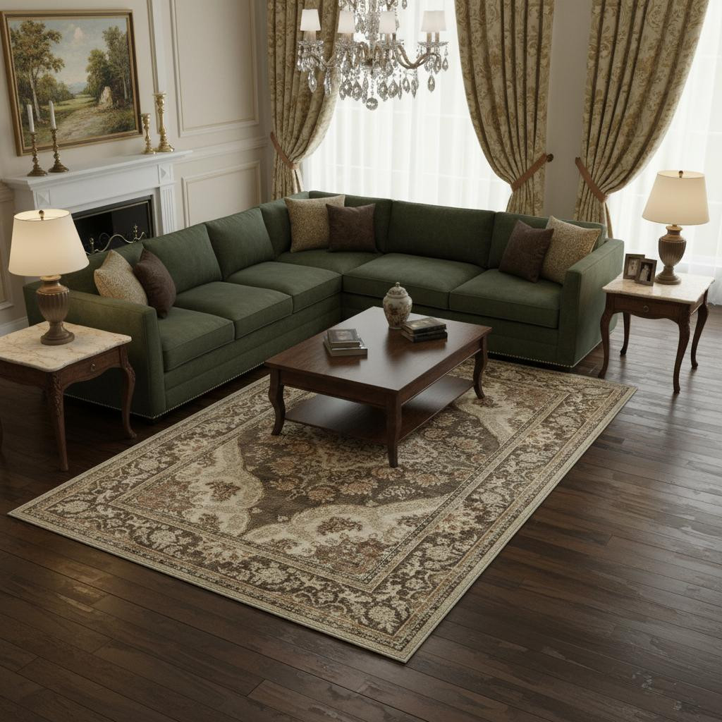 700112 6 x 9 ft. Brown Beige & Ivory Medallion Washable Rectangle Area Rug