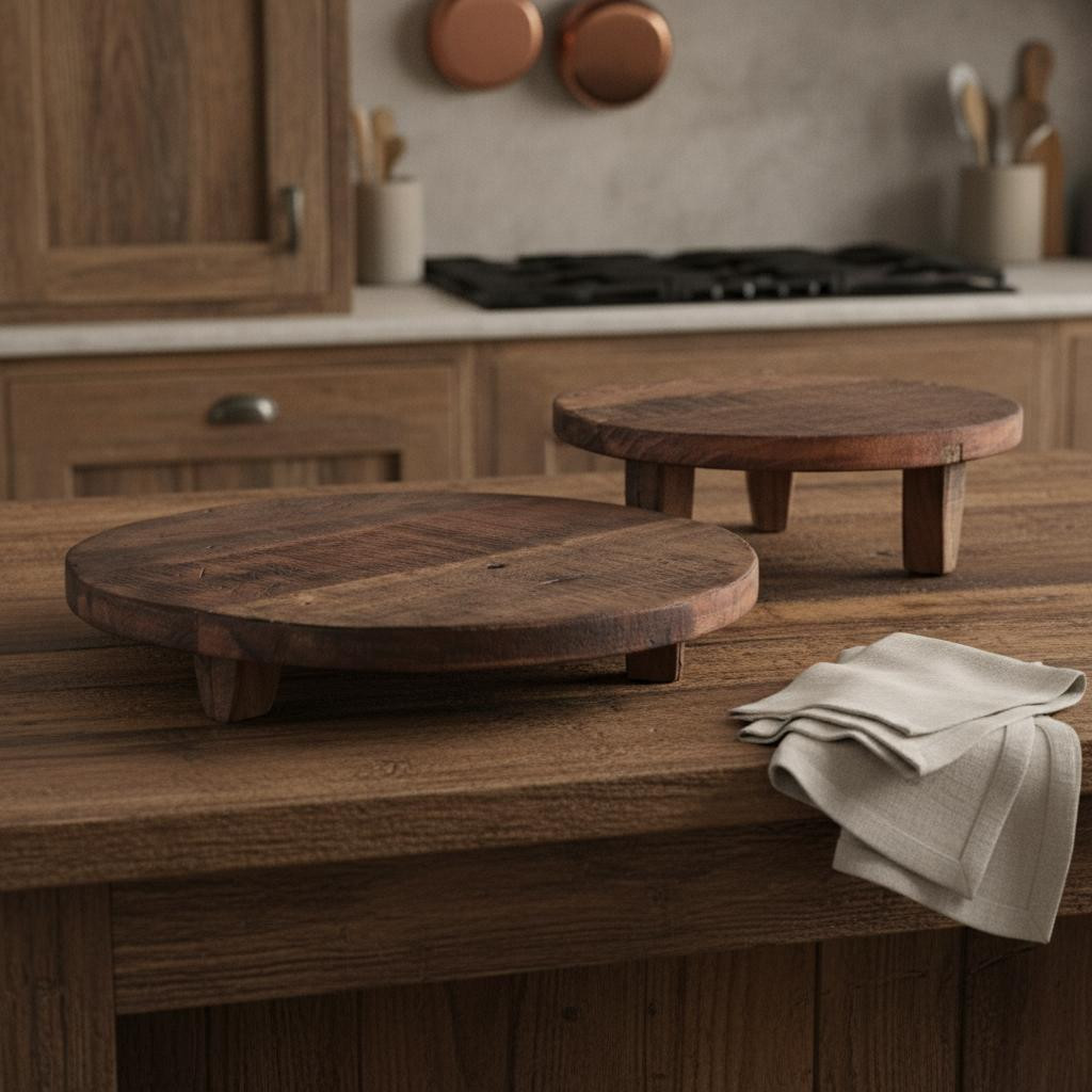 Picture of HomeRoots 609080 Brown Reclaimed Wood Handmade Round Riser Trays, Set of 2