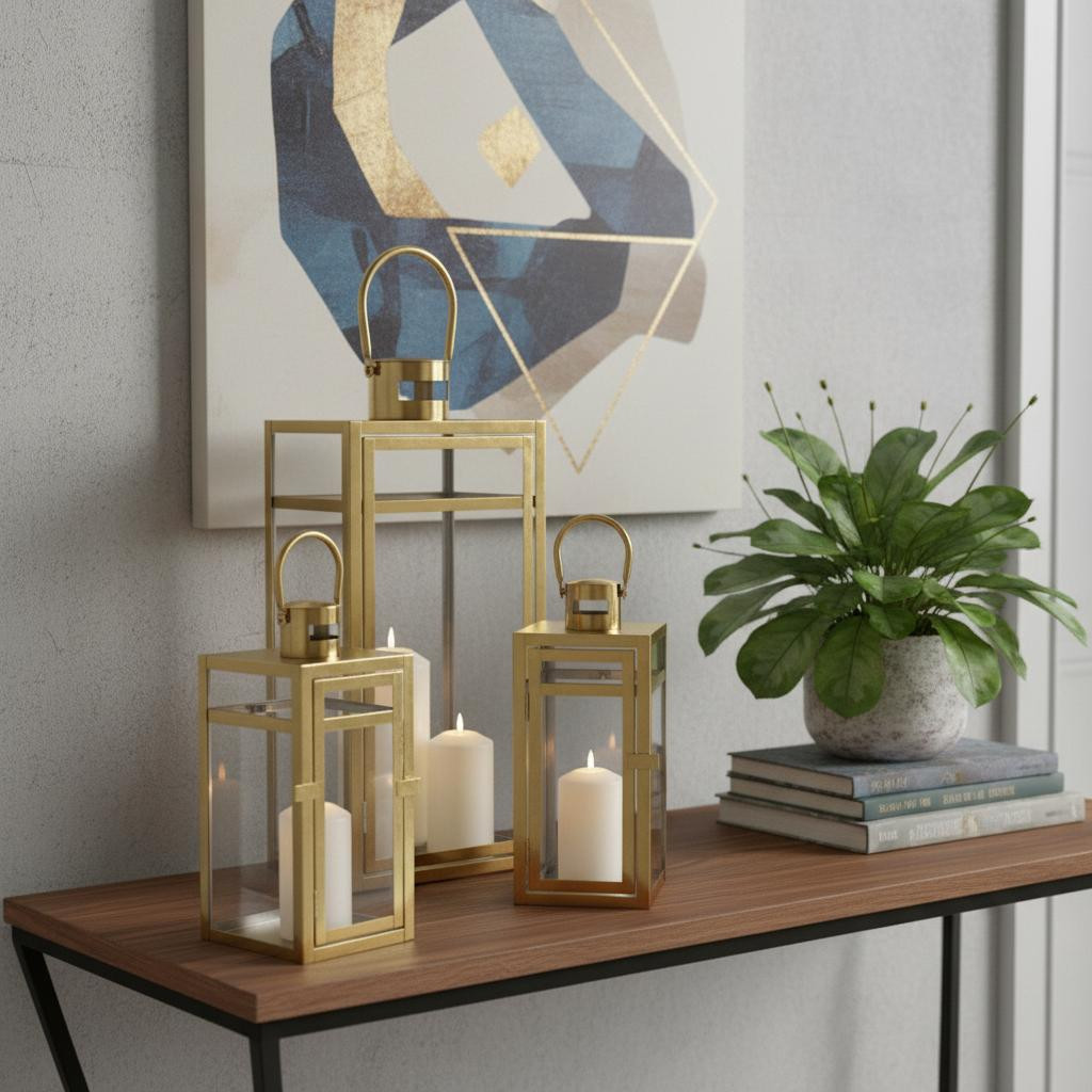 719759 Clear & Gold Glass & Stainless Steel Tabletop Lantern Candle Holders, Set of 3