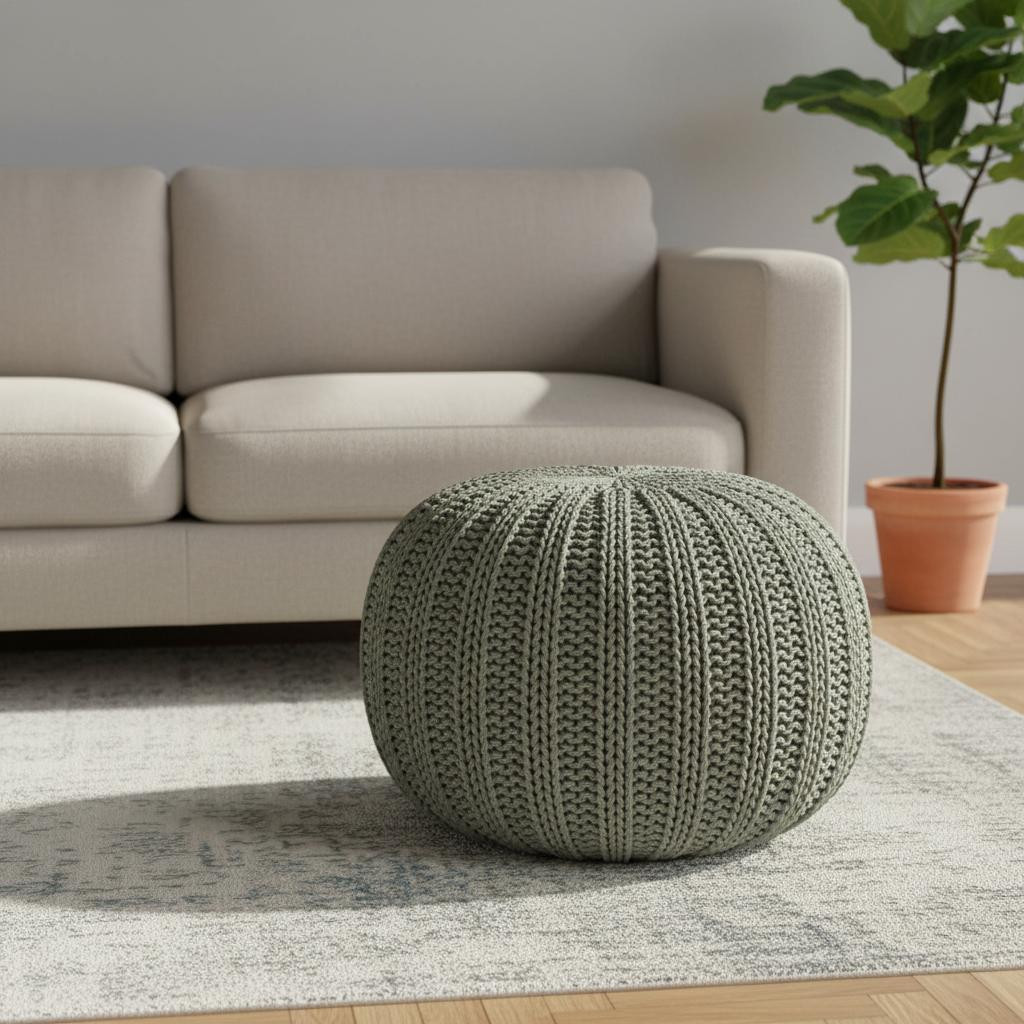 710407 20 in. Green Cotton Cable Knit Round Pouf Ottoman