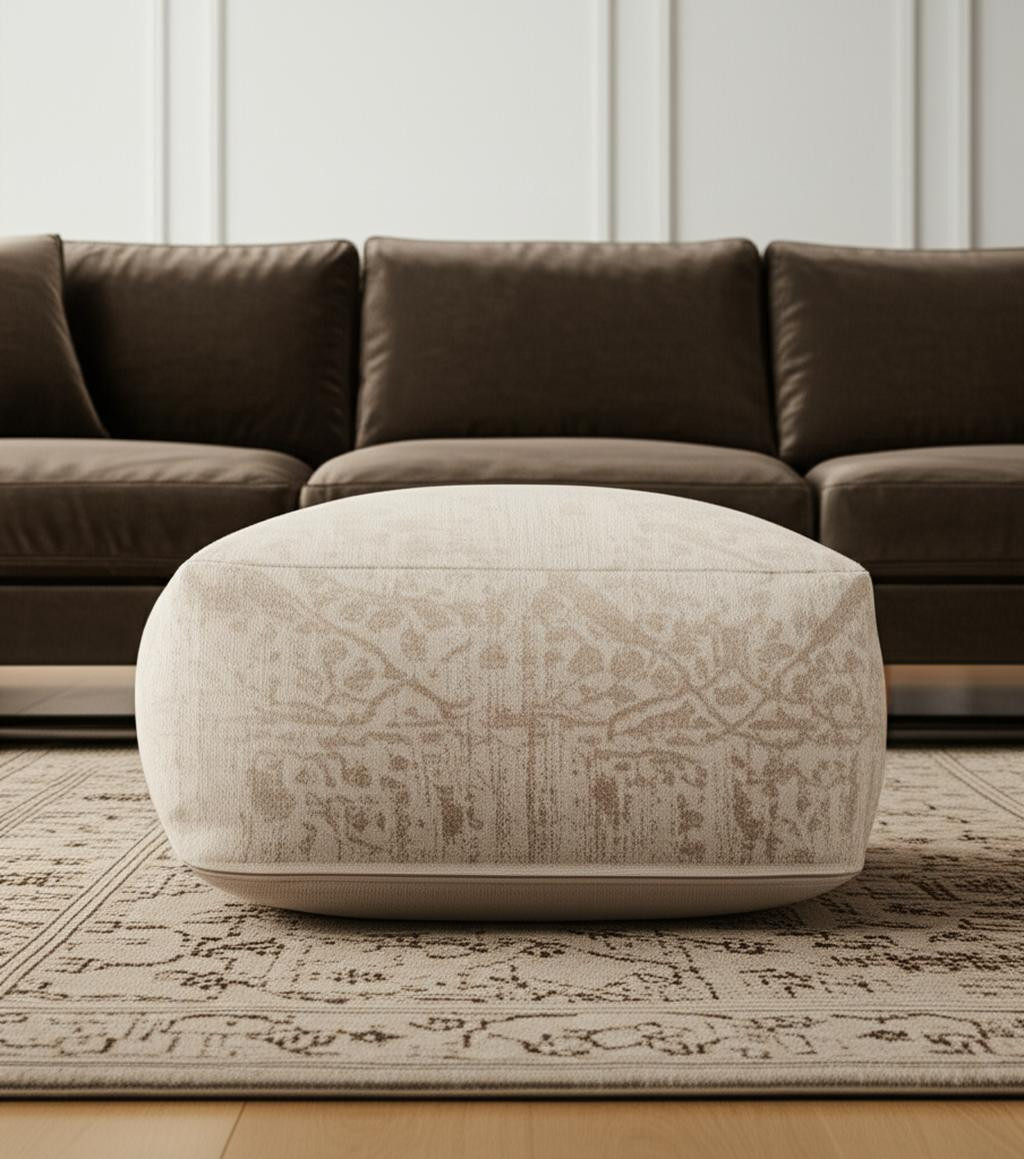 606766 36 in. Beige & Cream Chenille Damask Pouf Ottoman