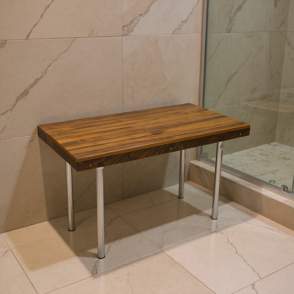 549380 18 x 25 in. Brown Teak & Stainless Steel Rectangular Shower Bench