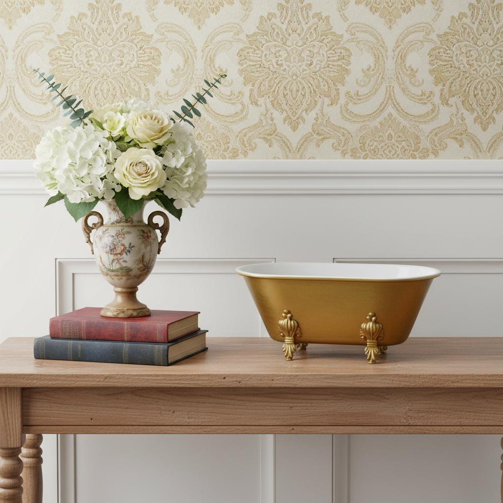 635495 12 in. Gold & White Metal Hand Painted Decorative Tub