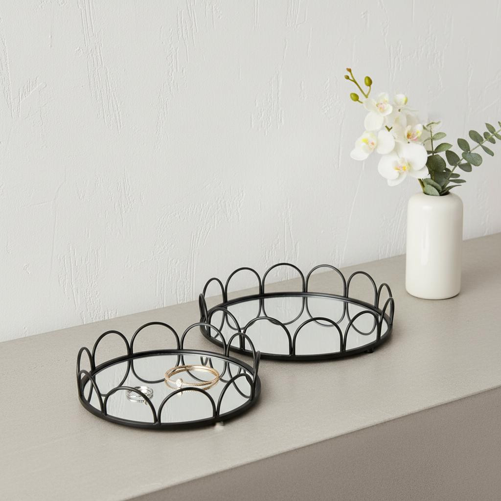 Picture of HomeRoots 608713 Black & Silver Metal & Mirrored Glass Round Vanity Trays, Set of 2