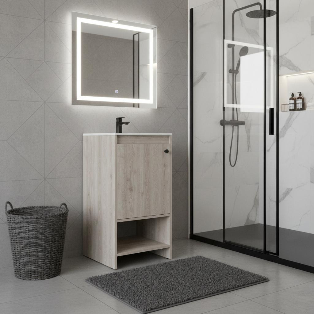478247 18 in. Light Gray Wood Freestanding Single Door Bathroom Vanity with White Sink