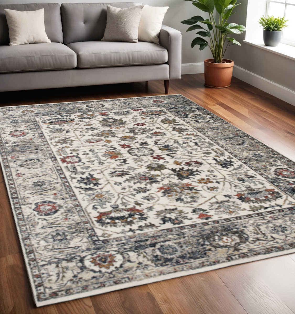 660162 5 x 8 ft. Cream Gray & Red Floral Medallion Rectangle Area Rug