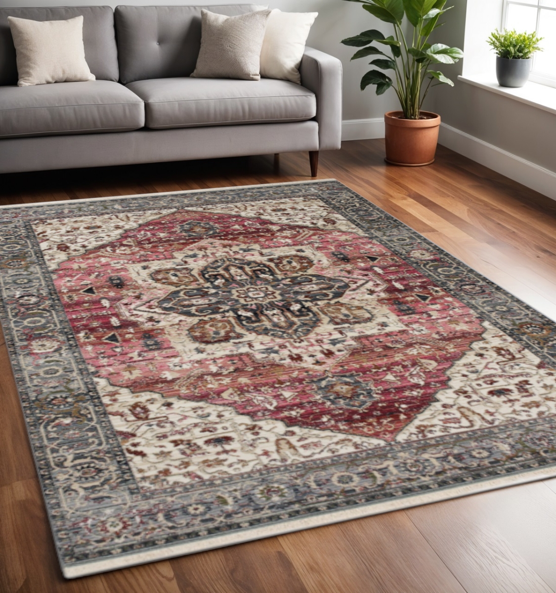 660171 5 x 8 ft. Medallion Polypropylene Machine Woven Rectangle Area Rug, Pink Cream & Gray