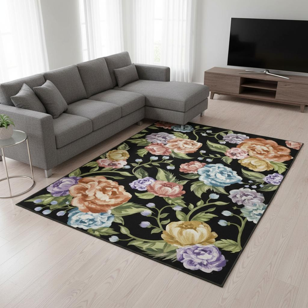 698917 6 x 9 ft. Black Green & Orange Floral Washable Rectangle Area Rug