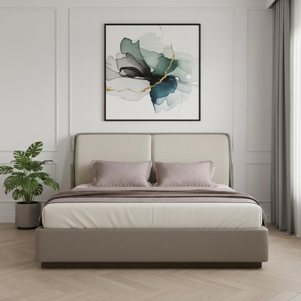606420 Gray & Cream Faux Leather Upholstered King Size Bed Frame