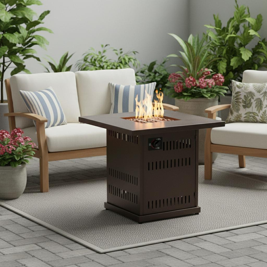 714422 27 in. 50000 BTU Brown Steel Propane Square Fire Pit Table with Cover