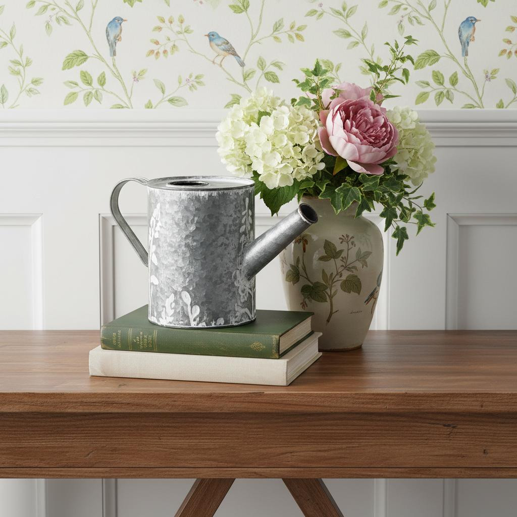 635818 6 in. Gray & White Galvanized Metal Flowers Hand Painted Decorative Watering Can