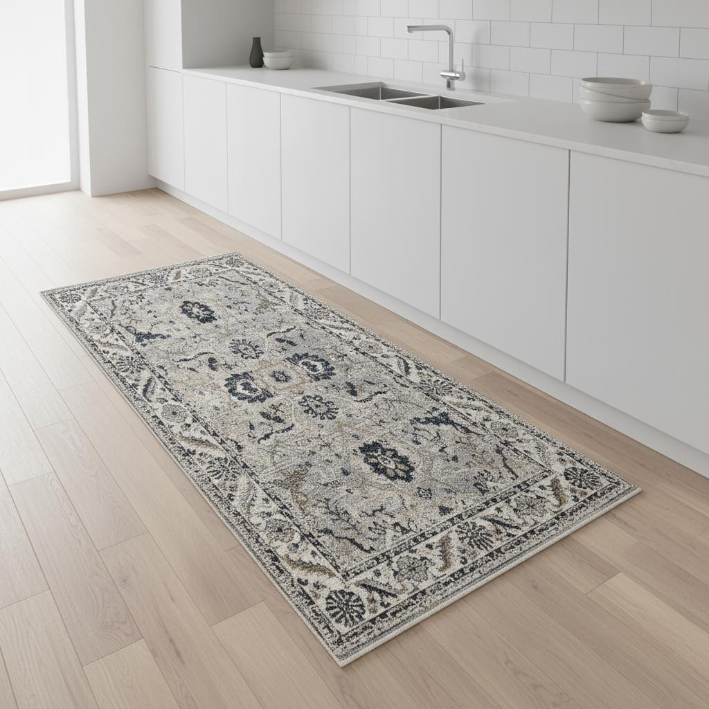 660316 8 ft. Beige Gray & Black Medallion Runner Rug