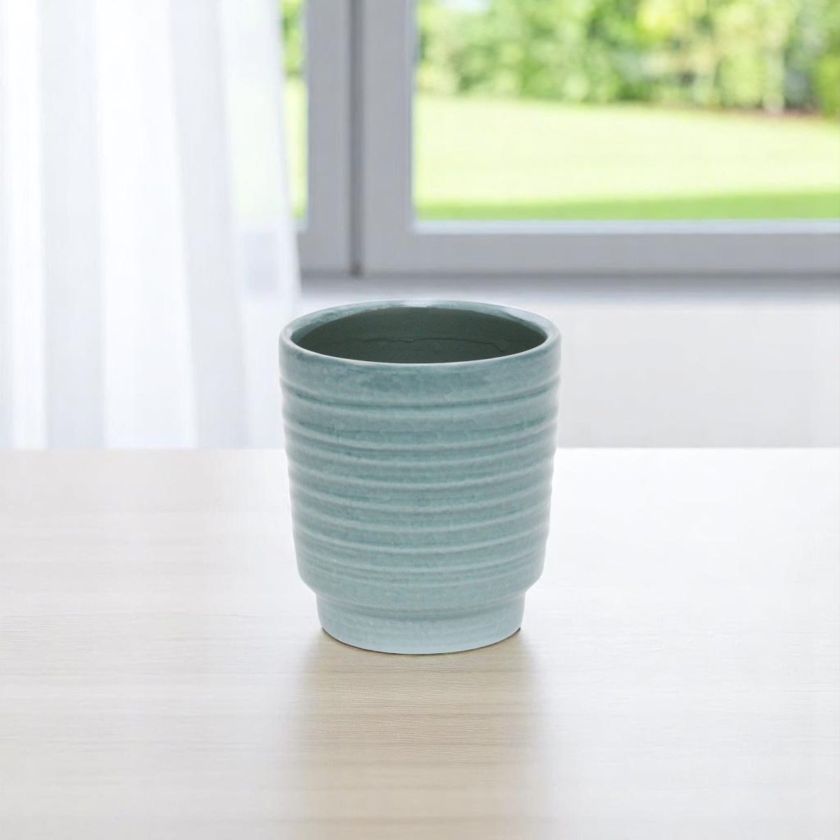 487403 35 oz Celadon Ceramic Striped Round Distressed Pot Planter