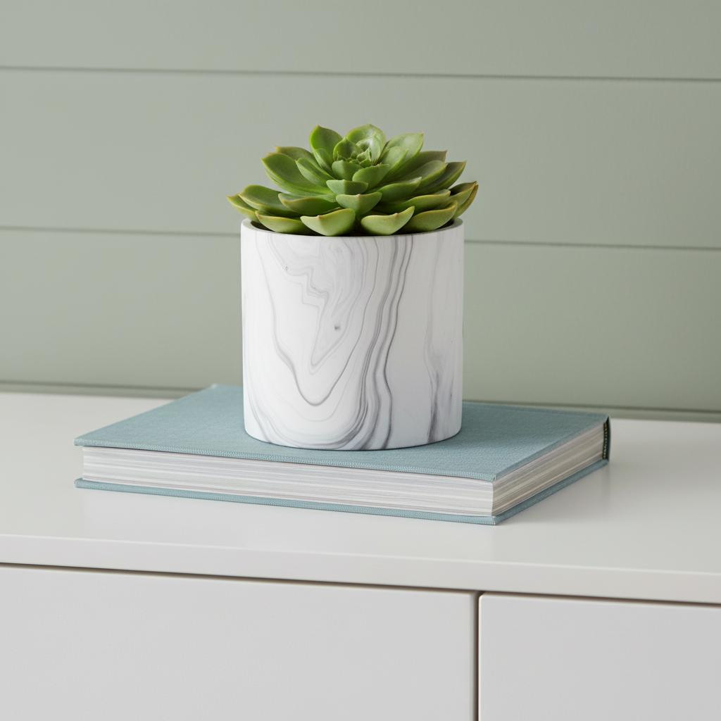 487437 41 oz White & Gray Ceramic Faux Marble Round Pot Planter