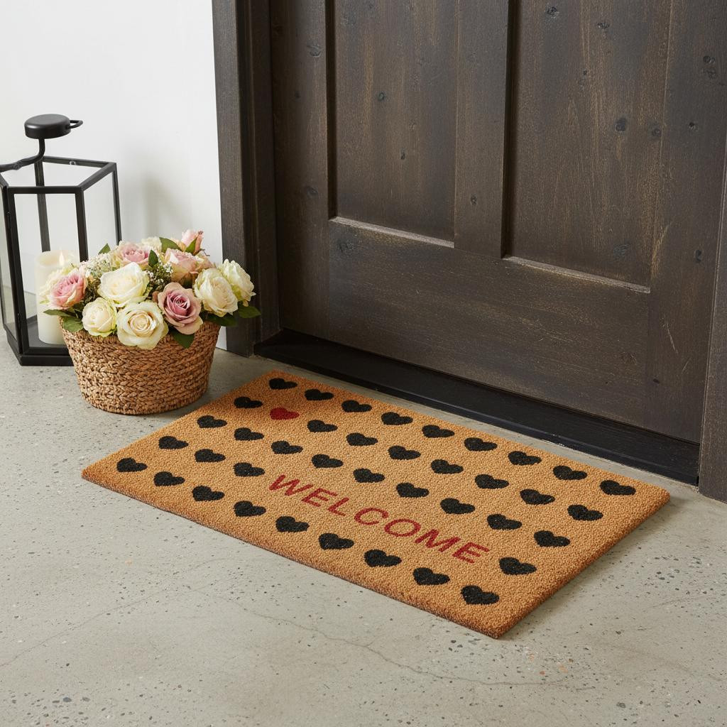 719861 24 x 36 in. Brown Black & Red Hearts Welcome Outdoor Coir Rectangle Door Mat