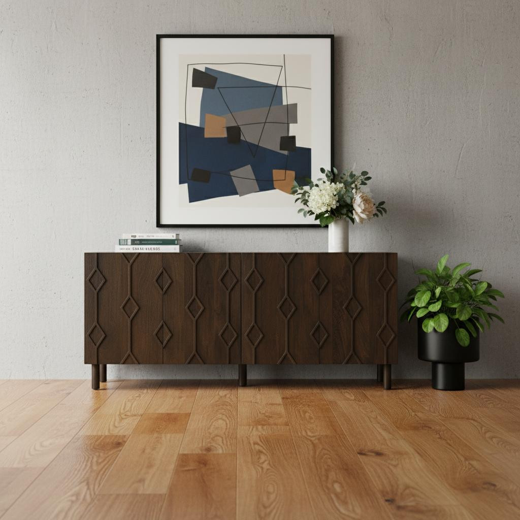 611023 71 in. Dark Brown Solid Wood Carved Geometric Sideboard Soft Close with Four Doors