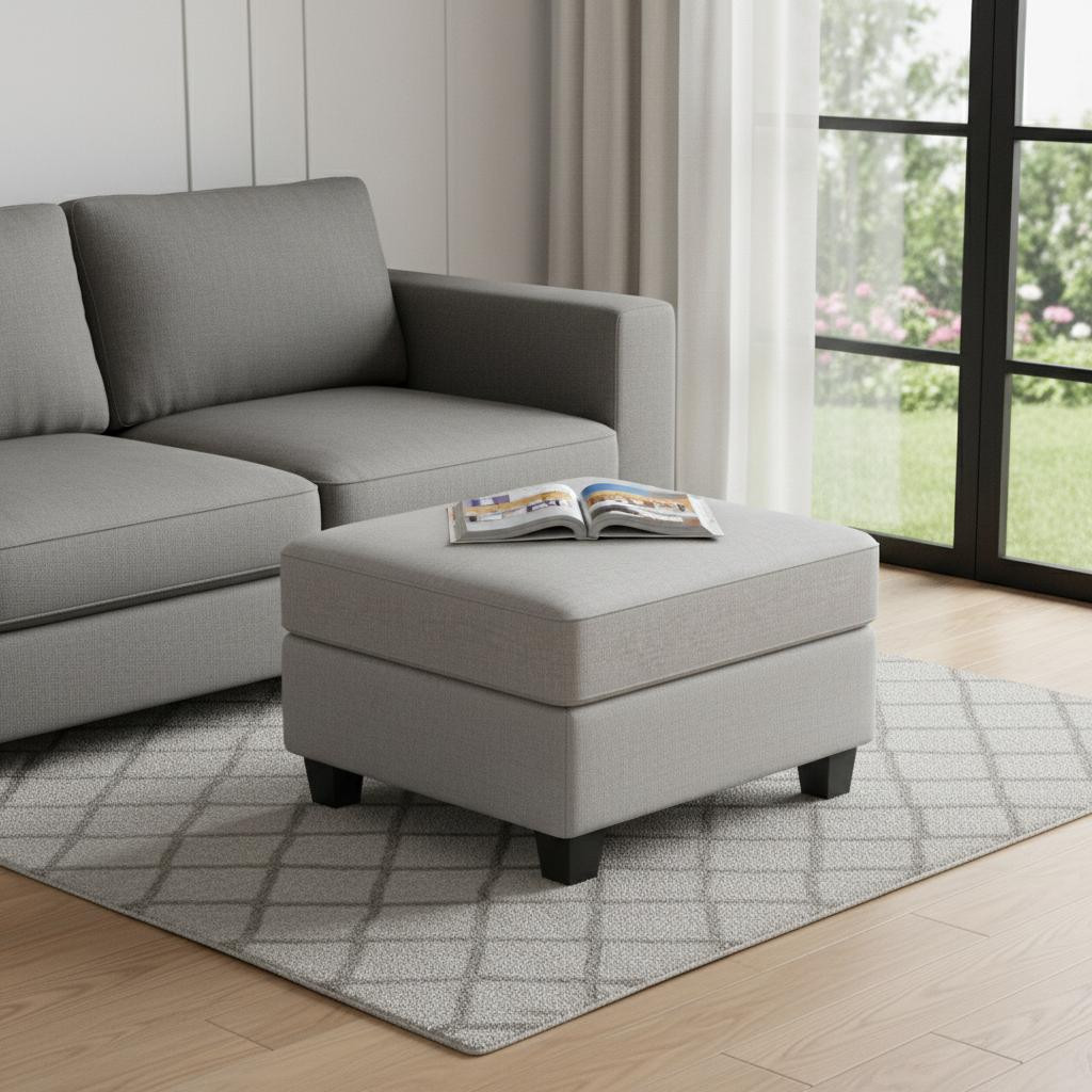 714356 26 in. Light Gray & Black Chenille Storage Ottoman