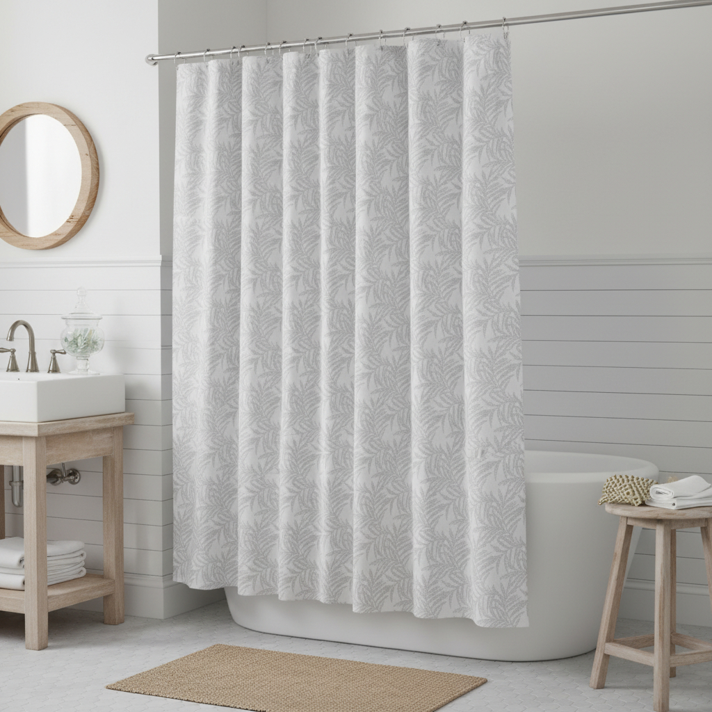 484065 72 in. Off White & Silver Embroidered Floral Shower Curtain
