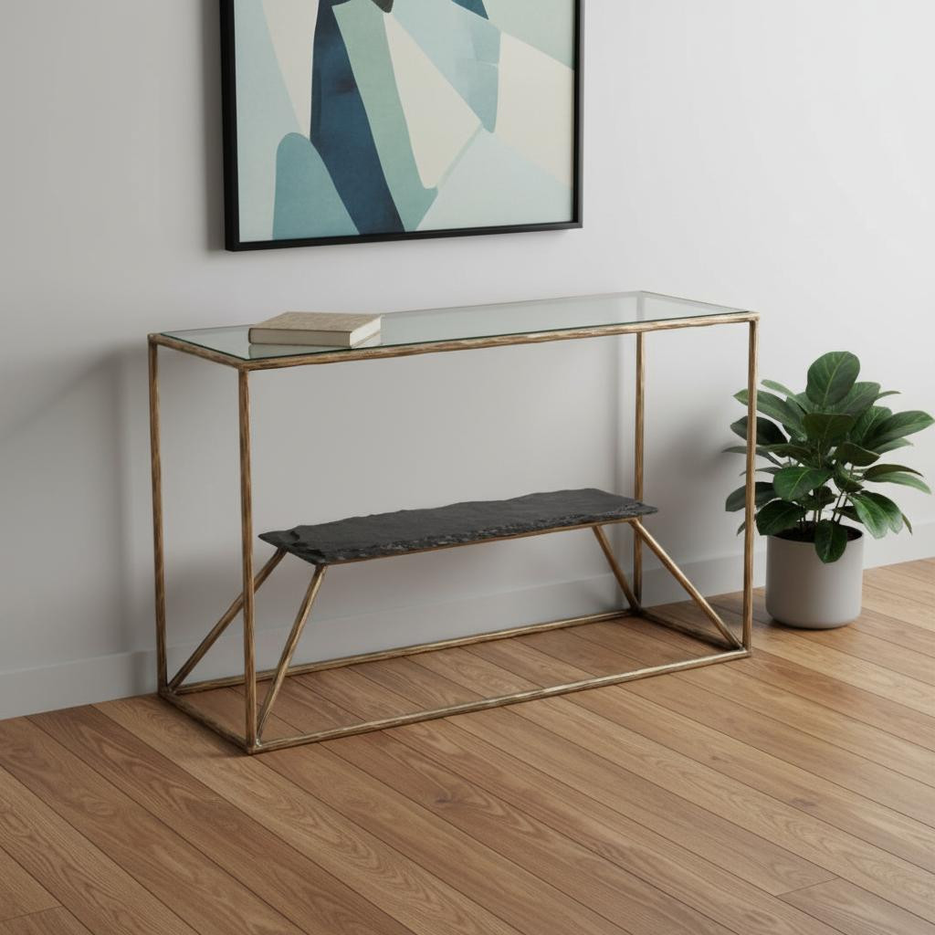 668880 48 in. Clear & Brass Glass Iron & Stone Frame Console Table with Shelf