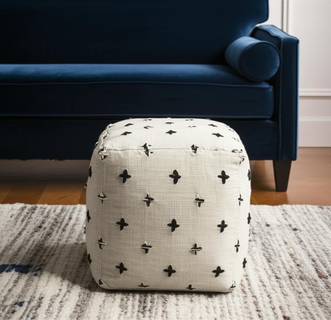 606768 16 in. Cream & Black Wool Polka Dots Cube Pouf Ottoman