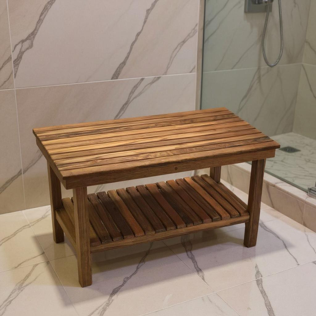 549382 18 x 30 in. Brown Teak Rectangular Shower Bench with Shelf