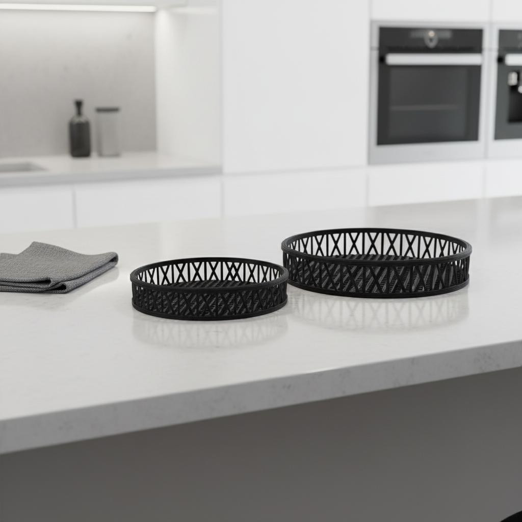 Picture of HomeRoots 609079 Black Round Wicker Handmade Serving Trays, Set of 2