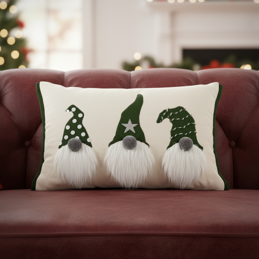 719249 14 x 20 in. Green & Ivory Cotton Christmas Gnomes Throw Pillow with Embroidery