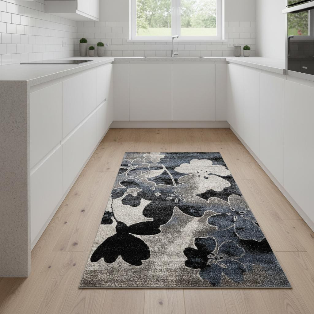 660175 8 ft. Blue Cream & Black Botanical Leaves Runner Rug
